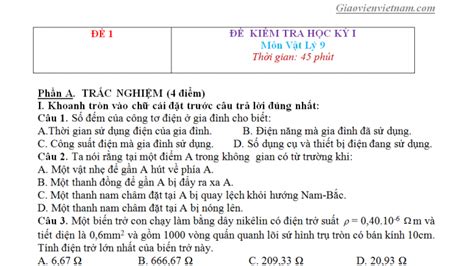 30 Đề Thi Học Kỳ 1 Môn Vật Lý Lớp 9 Có Đáp Án Năm Học 2021 2022