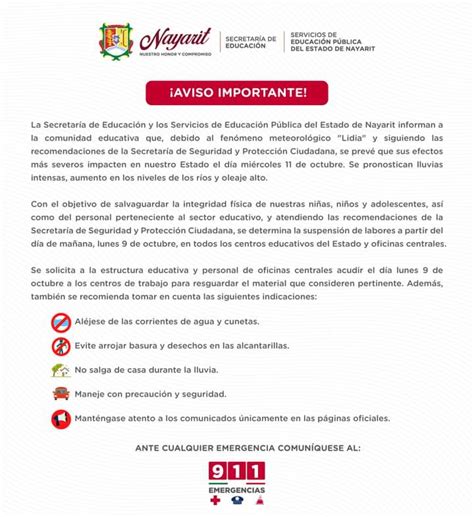 Por inminente impacto del Huracán Lidia se suspenden clases en todo