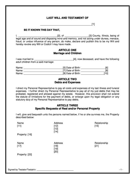 Last Will And Testament Template Illinois Fill Online Printable