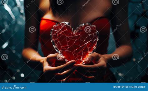 Womans Hands Are Holding A Red Broken Glass Heart A Shattered Heart Symbolizing Heartbreak