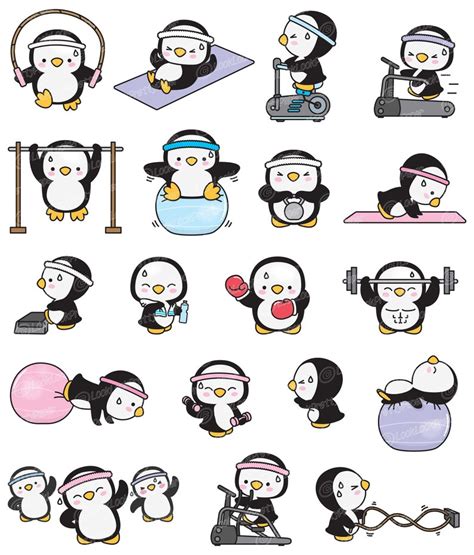 Premium Vector Clipart Kawaii Workout Penguins Cute Etsy