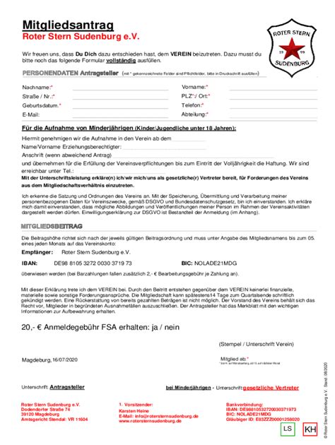 Ausfüllbar Online Mitgliedsantrag Roter Stern Sudenburg Fax Email