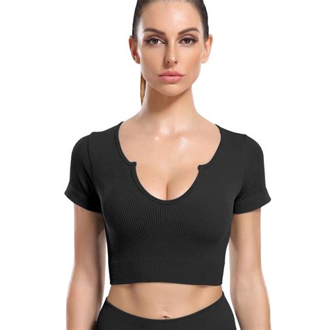 Buy Women Yoga Shirts Ribbed Workout Crop Tops Short Sleeves Fitness