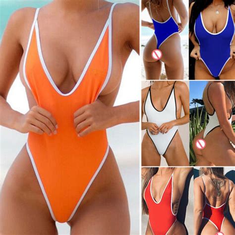 Sexy Womens Solid One Piece Swimwear High Cut Thongs Leotard Lingerie