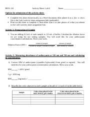 BIOL 141 Activity Sheet Lab 6 Spectroscopy Docx BIOL 141 Activity