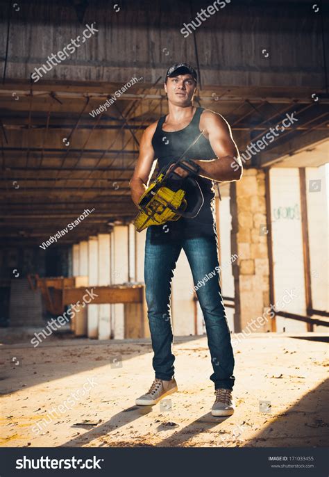 Muscular Man Chainsaw On Ruins Stock Photo 171033455 Shutterstock