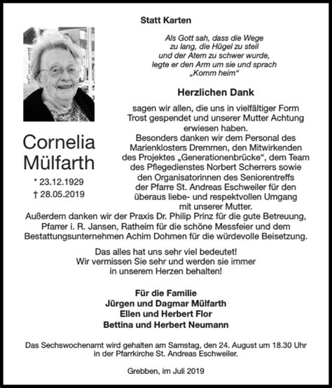 Traueranzeigen von Cornelia Mülfarth Aachen gedenkt