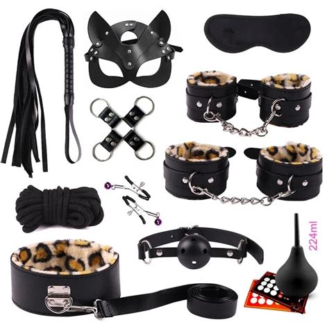 Leopard Print Restraint Set Bdsm Bondage Anal Plug Sex Handcuffs Whip