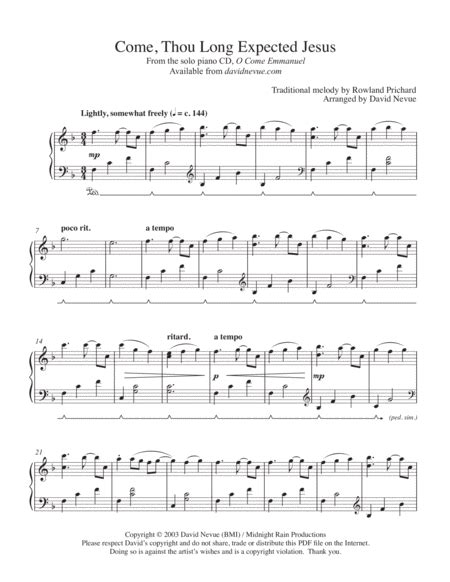 Come Thou Long Expected Jesus Arr David Nevue By David Nevue Sheet