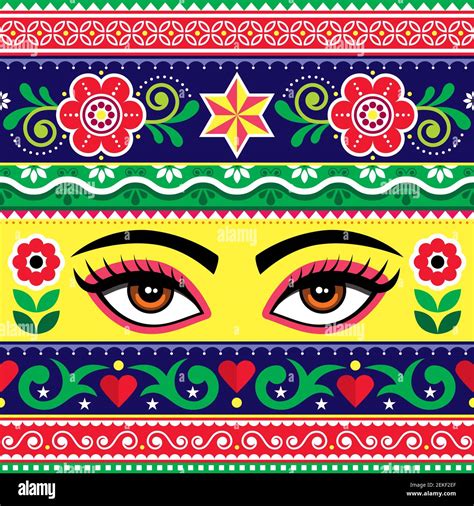 Pakistani or Indian truck art vector seamless pattern with female eyes ...