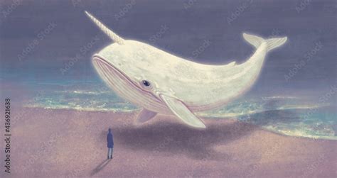 Surreal art, fantasy painting, Man with floating whale and the sea ...