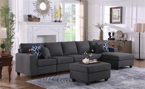 Cooper Dark Gray Linen 6Pc Sectional Sofa Chaise With Ottoman And ...