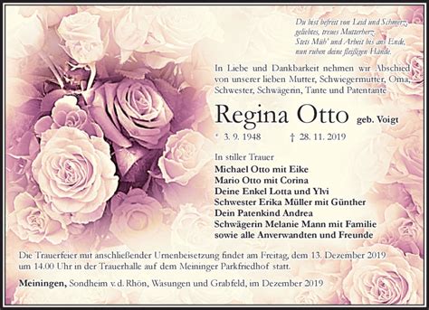 Traueranzeigen Von Regina Otto Franken Gedenkt De