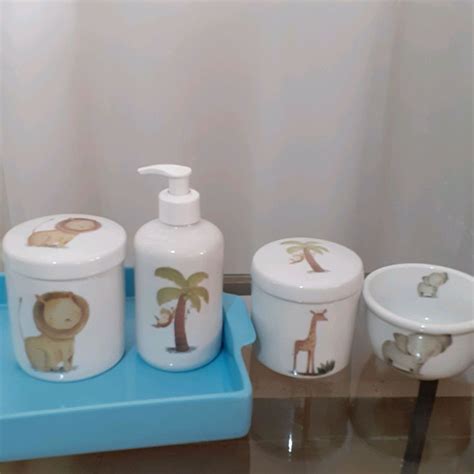 KIT HIGIENE PORCELANA SAFARI BANDEJA RETANGULAR AZUL BEBÊ Elo7