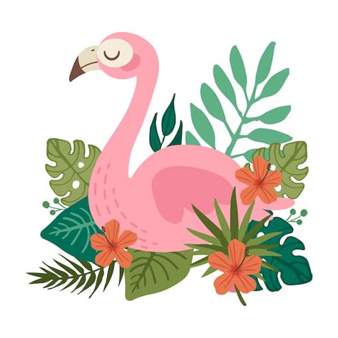 Der Charakter Des Niedlichen Flamingos Mit Blume Und Tropischem Blatt