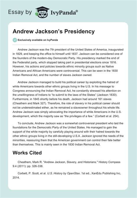 Andrew Jackson's Presidency - 288 Words | Essay Example