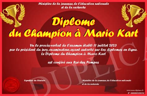 Diplome Du Champion A Mario Kart