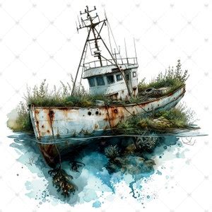 Shipwreck Submerged In Water Clipart Bundle High Quality Watercolor