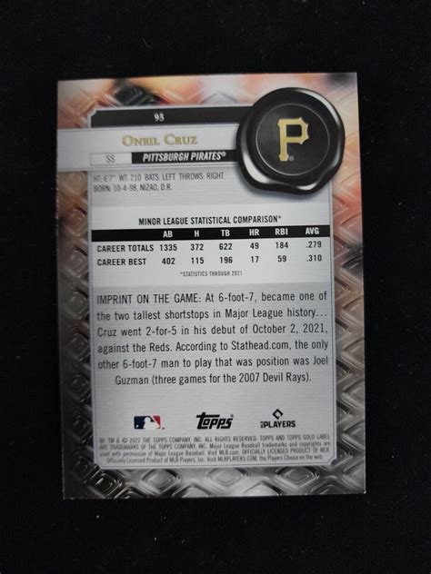 2022 Topps Gold Label 95 Oneil Cruz Pittsburgh Pirates Rc Class 1 B