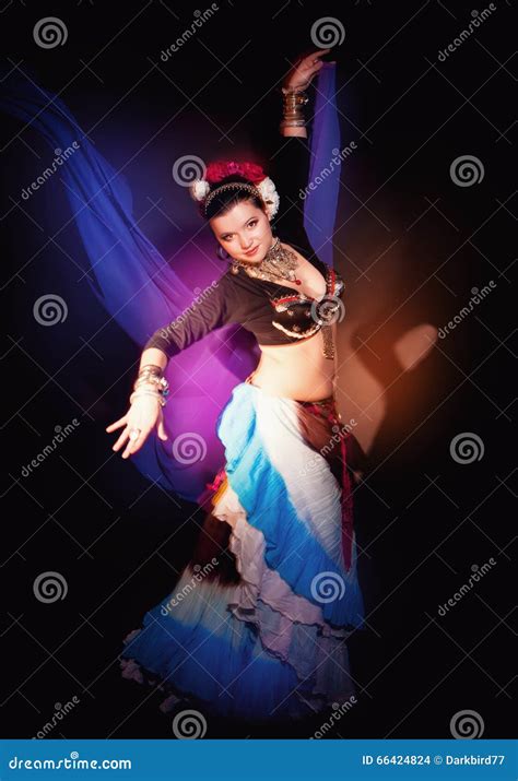 Beautiful Exotic Belly Tribal Dancer Woman With Blue Shawl Stock Photo