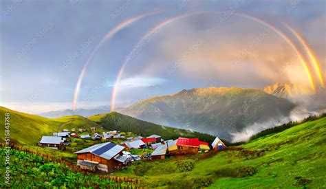 Colorful Traditional Wooden Plateau House Green Nature And Snowy