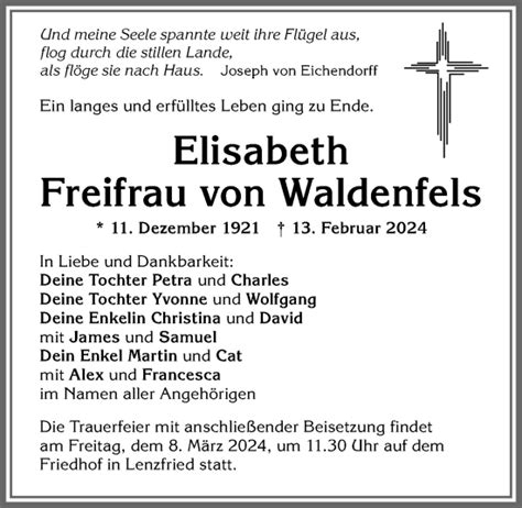 Traueranzeigen Von Elisabeth Freifrau Von Waldenfels Allg Uer Zeitung