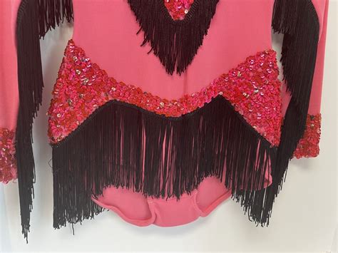 Vintage Majorette Pink Sequin Black Fringe Dance Cost Gem