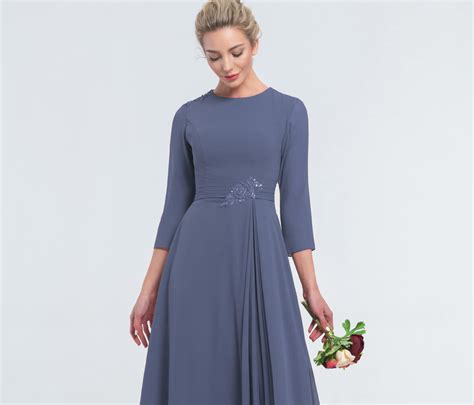 Modest Lds Beaded Slate Blue Bridesmaid Dresses With Sleeves Edresstore