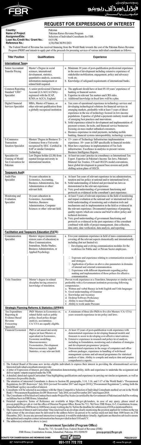 Federal Board Of Revenue Fbr Jobs 2021 2024 Job Advertisement Pakistan