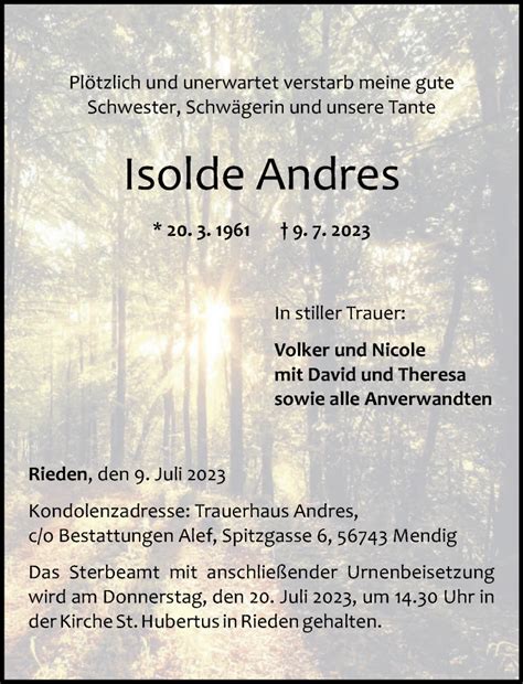 Traueranzeigen Von Isolde Andres Rz Trauer De