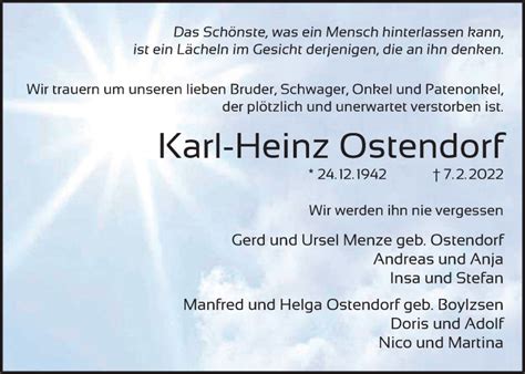 Traueranzeigen Von Karl Heinz Ostendorf Nordwest Trauer De