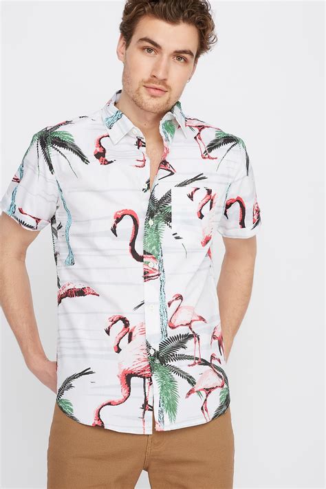 Urban Planet Mens Floral Flamingo Button Up Short Sleeve Shirt