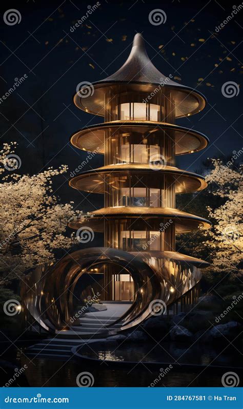 A Beautiful Japanese Garden at Night in Tokyo, Japan Stock Illustration ...