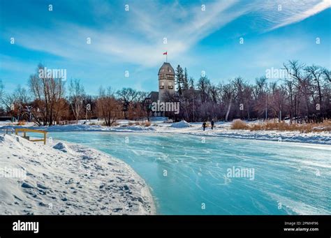 The Assiniboine Park Pavilion seen across the Duck Pond skating rink at ...