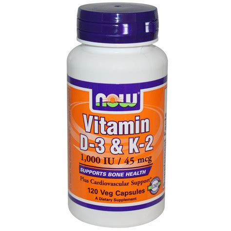 Vitamin D3 & K2 1000IU/45mcg 120 Caps - Now Foods - supplement ...