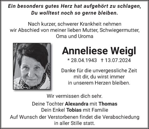 Traueranzeigen Von Anneliese Weigl Trauer Merkur De