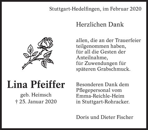 Traueranzeigen Von Lina Pfeiffer Zeit Des Gedenkens De