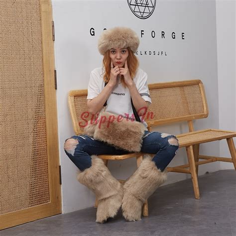 Women's Faux Fur Boots with Matching Fur Handbag and Headband