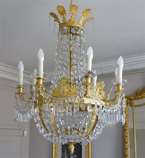 Proantic Grand Lustre Corbeille En Cristal Et Bronze Dor Au Mercure