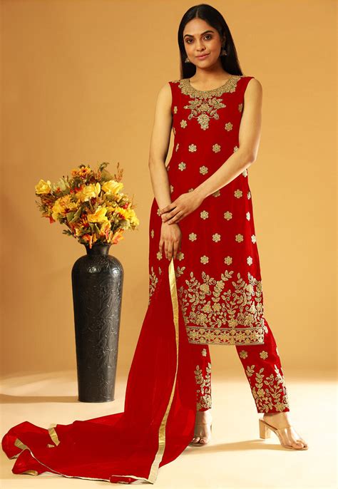 Buy Embroidered Net Jacket Style Pakistani Suit In Red Online Kch8759