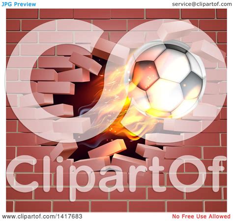 Clipart Of A D Flying Flaming Soccer Ball Breaking Through A Brick