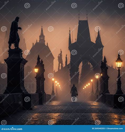 Mystical Foggy Morning On Charles Bridge In Prague Czech Republic Stock Illustration