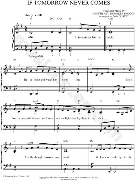 Garth Brooks If Tomorrow Never Comes Sheet Music Easy Piano In G