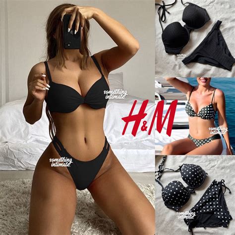 ONE Set H M Bikini Bra Panty Lace Polka Plunge Super Pushup Black