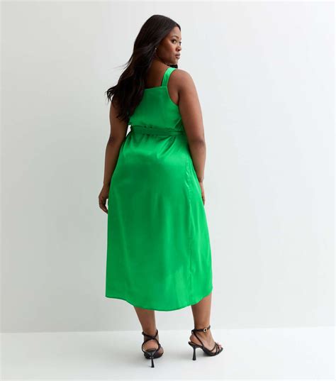 Curves Green Satin Strappy Midi Wrap Dress New Look