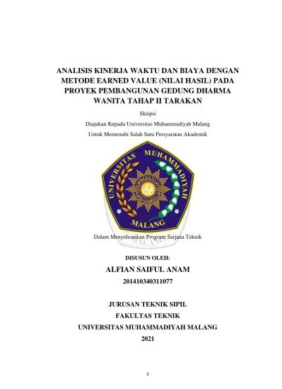 ANALISIS KINERJA WAKTU DAN BIAYA DENGAN METODE EARNED VALUE NILAI