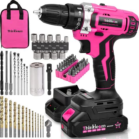 Thinklearn Pink Cordless Drill Set 20v Lithium Ion Power Drill Set For