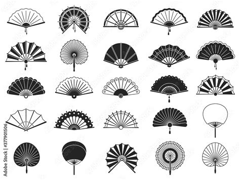 Handheld fan. Black silhouettes of chinese, japanese paper folding hand ...