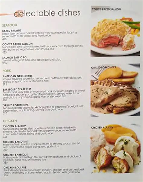 Menu at Conti's restaurant, Muntinlupa