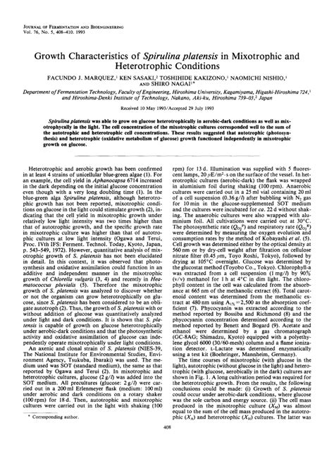 Pdf Growth Characteristics Of Spirulina Platensis In Mixotrophic And